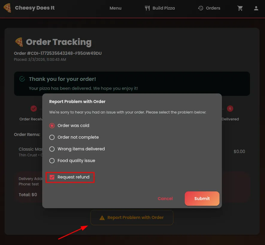 Cheesy Does It Refund Request